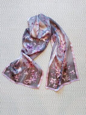 100% Silk Scarf Pink Brown Gray Floral Oblong 11x52 Lightweight by Anne Klein.